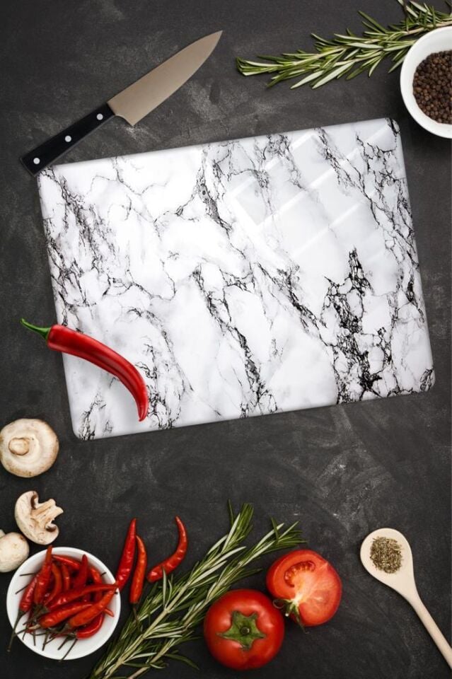 30x40cm - Beyaz Mermer - Cam Kesme Tahtası