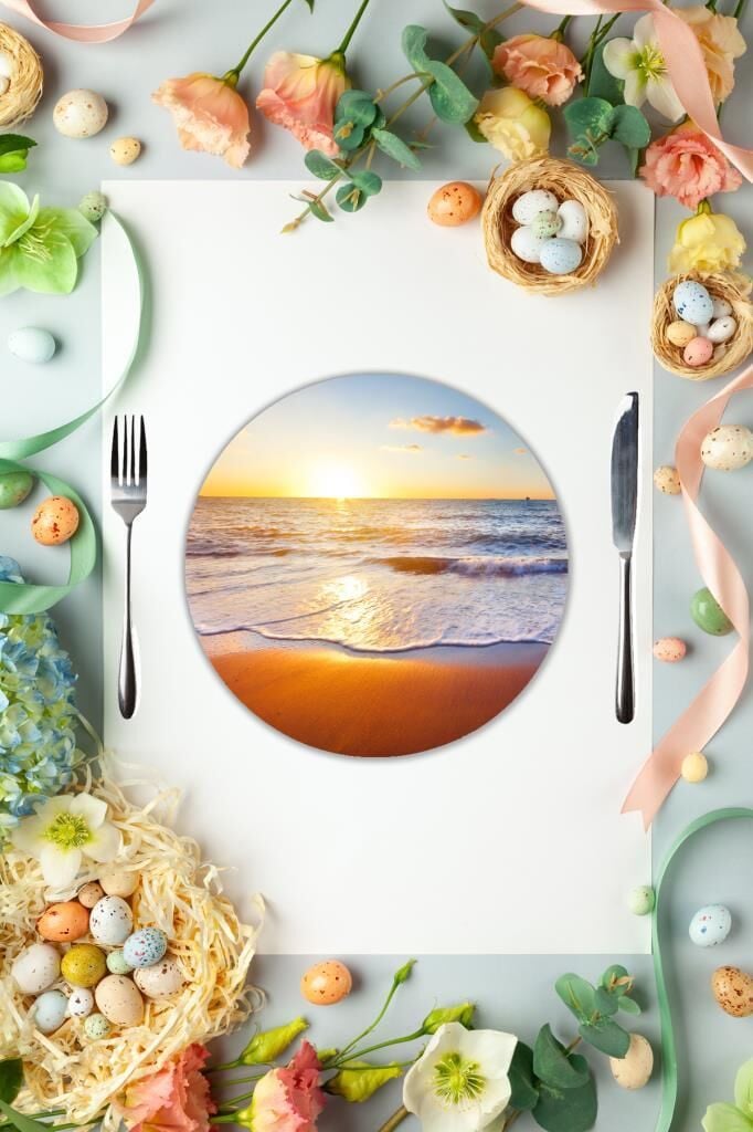 Çap 27 cm Gün Batımı & Plaj Desenli Cam Sunumluk Amerikan Servis Supla