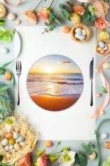 Çap 27 cm Gün Batımı & Plaj Desenli Cam Sunumluk Amerikan Servis Supla