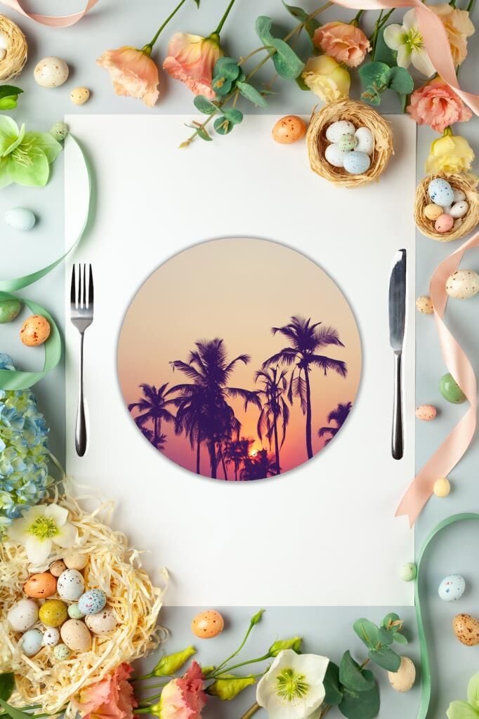 Çap 27 cm Gün Batımı & Palmiye Desenli Cam Sunumluk Amerikan Servis Supla