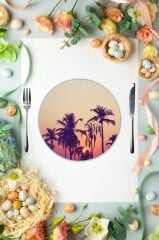 Çap 27 cm Gün Batımı & Palmiye Desenli Cam Sunumluk Amerikan Servis Supla