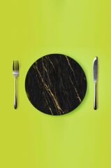 Çap 27 cm Siyah Altın Desenli Cam Sunumluk Amerikan Servis Supla