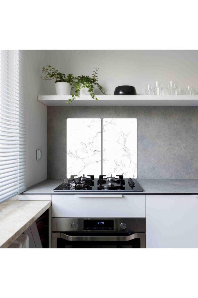 2'li 40x52cm Takım - Siyah - Beyaz Mermer Desenli - Ocak Koruyucu - Cam Kesme Tahtası