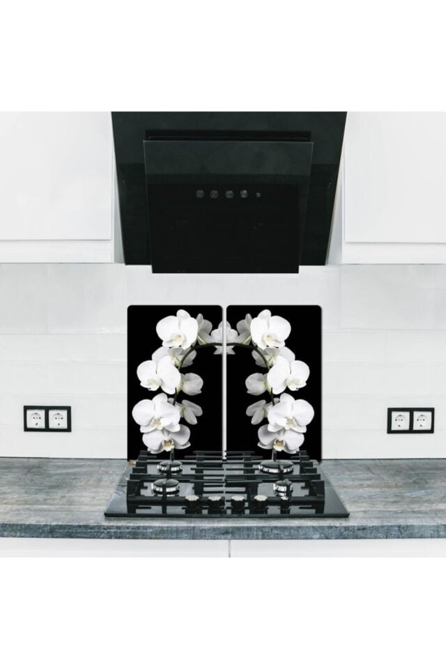 2'li 30x52cm Takım - Beyaz Orkide - Ocak Koruyucu - Cam Kesme Tahtası