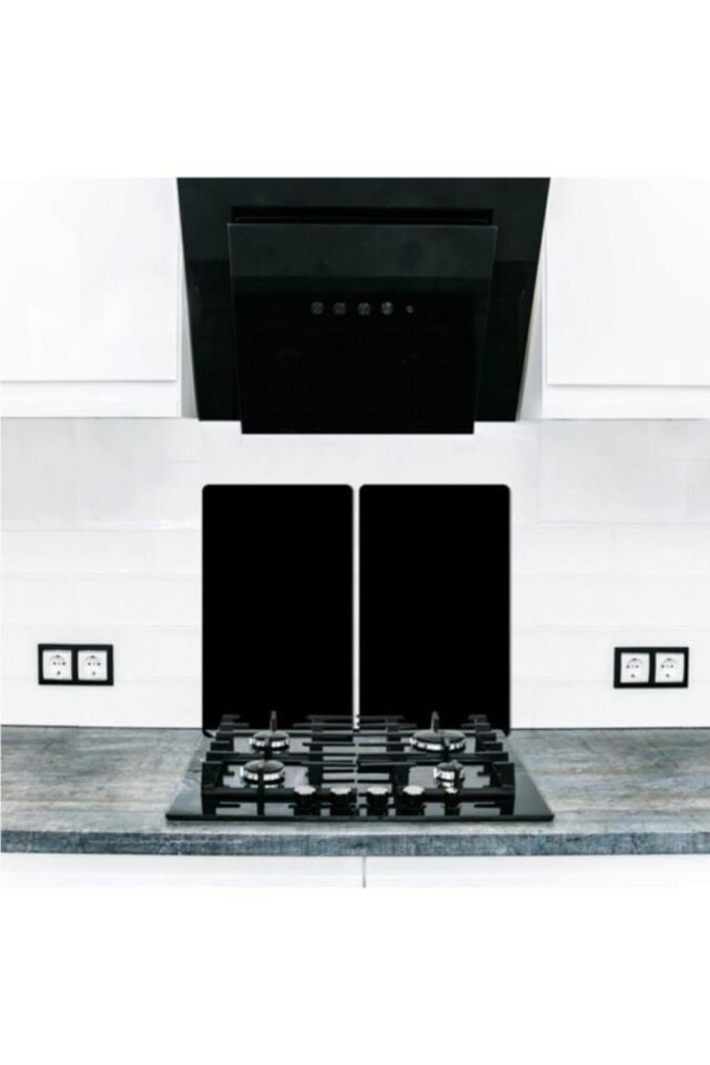 2'li 40x52cm Takım - Düz Siyah Desenli - Ocak Koruyucu - Cam Kesme Tahtası