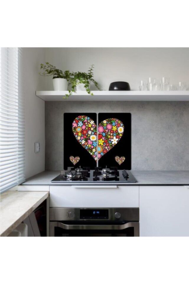 2'li 30x52cm Takım - Siyah Kalp - Ocak Koruyucu - Cam Kesme Tahtası