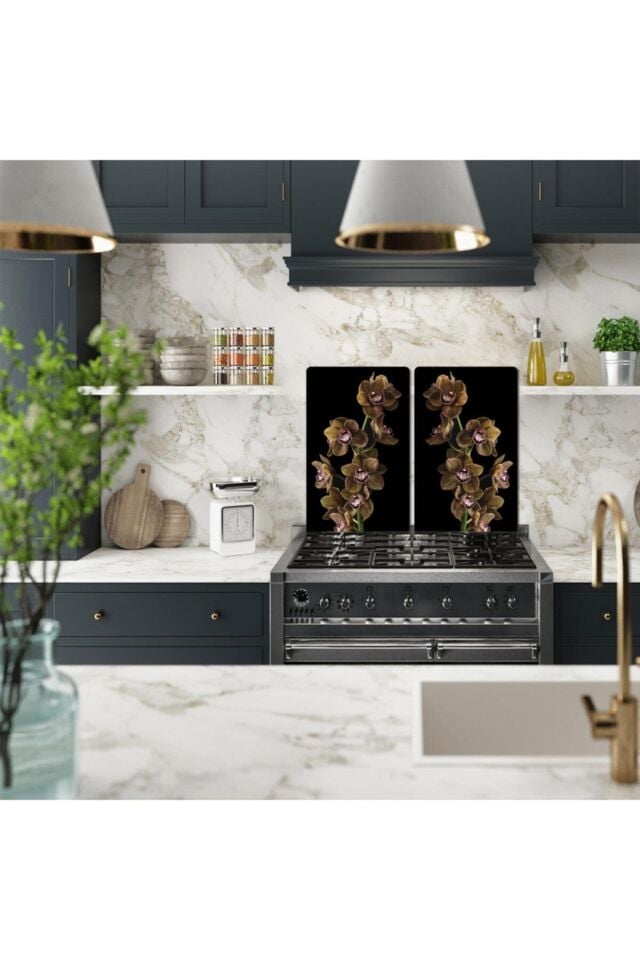 2'li 30x52cm Takım - Kahve Orkide Desenli - Ocak Koruyucu - Cam Kesme Tahtası