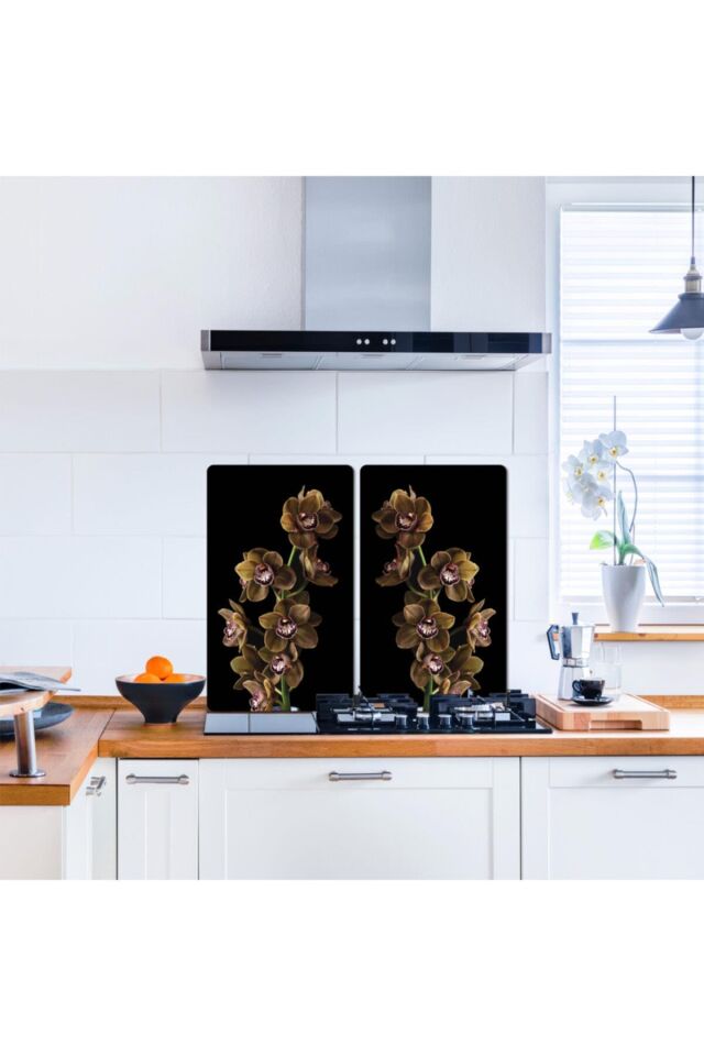 2'li 30x52cm Takım - Kahve Orkide Desenli - Ocak Koruyucu - Cam Kesme Tahtası