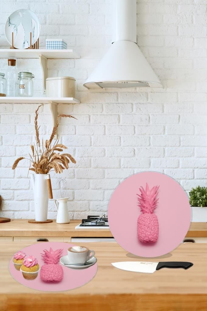 Çap 27 cm Pembe Ananas Desenli Cam Sunumluk Amerikan Servis Supla