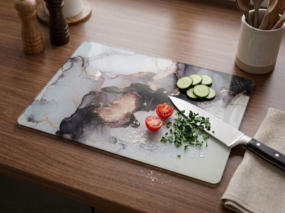 20x30cm - Siyah Yaldızlı Mermer - Cam Kesme Tahtası