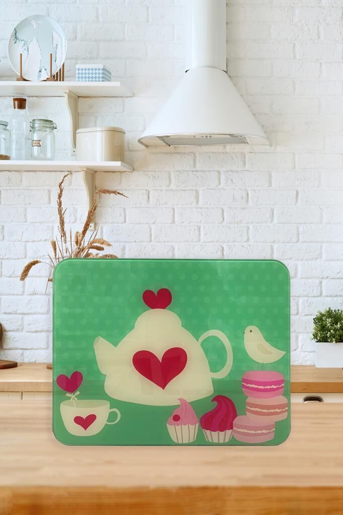 30x40 cm Cam Kesme Tahtası Yeşil Çaydanlık