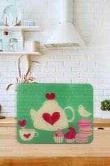 30x40 cm Cam Kesme Tahtası Yeşil Çaydanlık