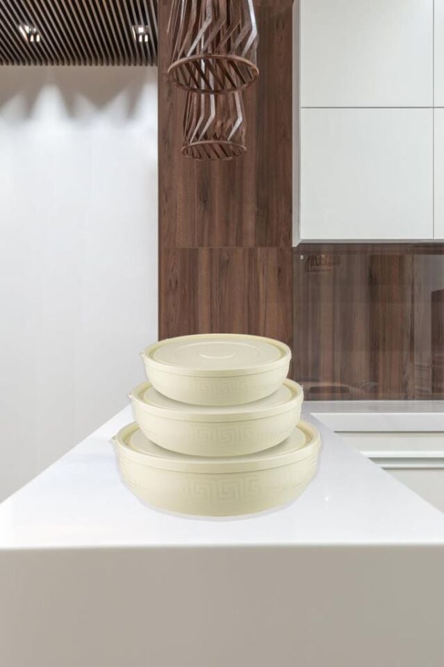 3'lü Beyaz, Antik Yuvarlak Plastik Saklama Kabı Seti - (5 L, 2.7 L, 1.5 L)