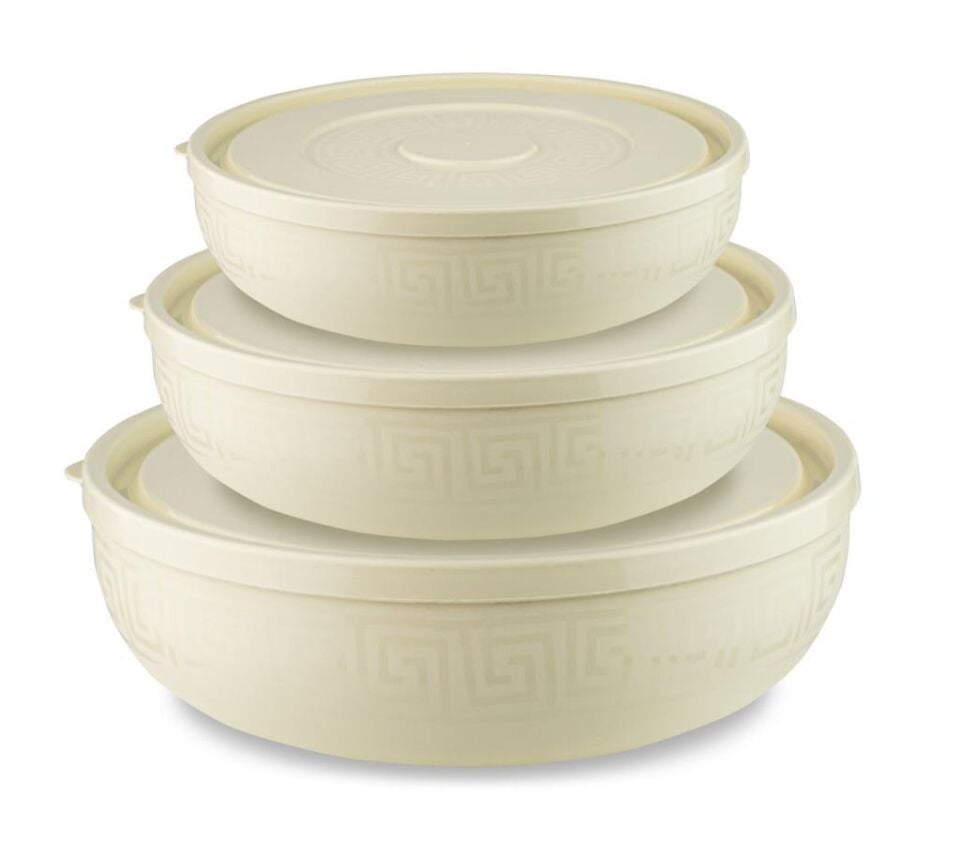 3'lü Beyaz, Antik Yuvarlak Plastik Saklama Kabı Seti - (5 L, 2.7 L, 1.5 L)