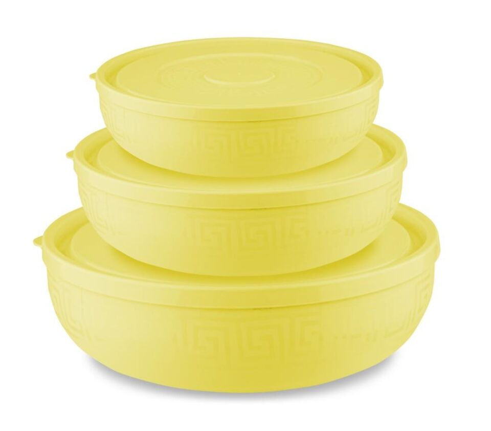 3'lü Sarı, Antik Yuvarlak Plastik Saklama Kabı Seti - (5 L, 2.7 L, 1.5 L)
