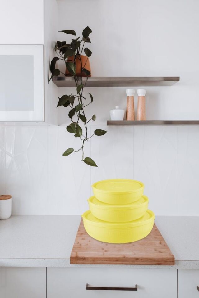 3'lü Sarı, Antik Yuvarlak Plastik Saklama Kabı Seti - (5 L, 2.7 L, 1.5 L)