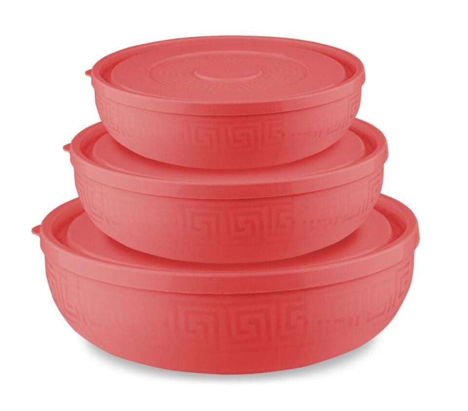 3'lü Sarı, Kırmızı Yuvarlak Plastik Saklama Kabı Seti - (5 L, 2.7 L, 1.5 L)