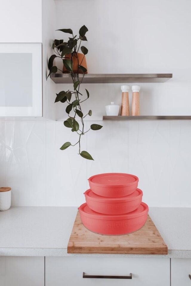 3'lü Sarı, Kırmızı Yuvarlak Plastik Saklama Kabı Seti - (5 L, 2.7 L, 1.5 L)