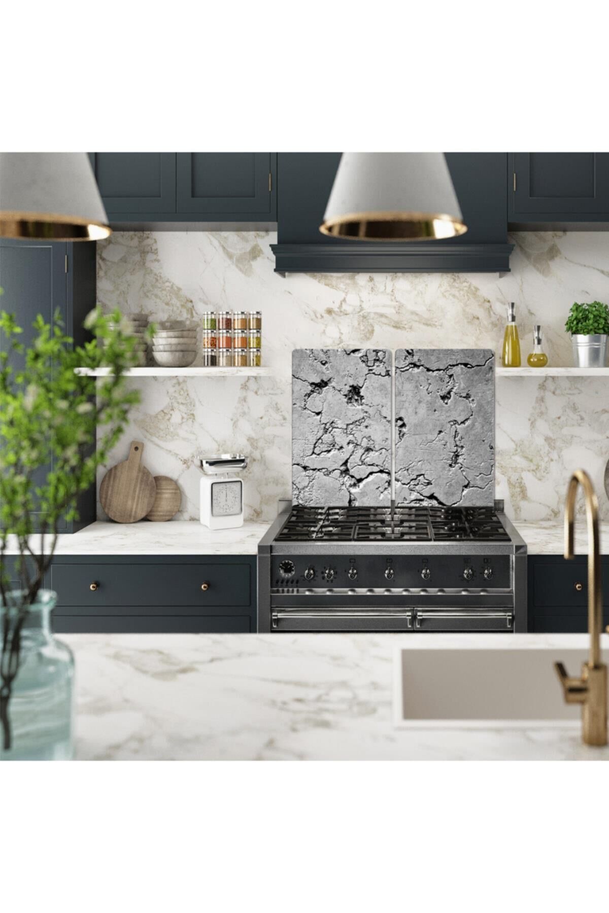 2'li 40x52 cm Cam Ocak Koruyucu 5'li Ocaklar İçin Gri Taş