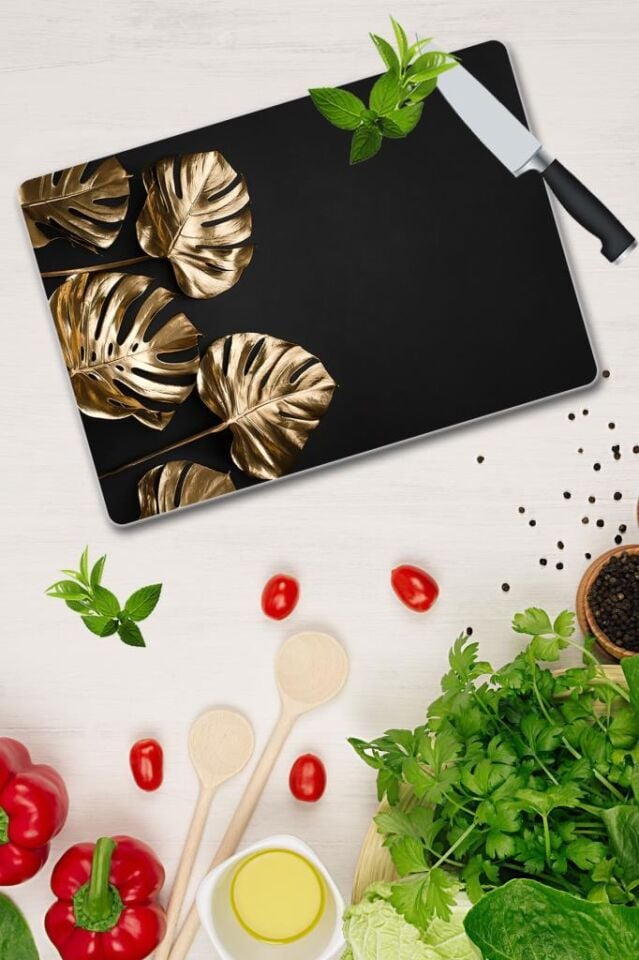 30x40 cm Cam Kesme Tahtası 4 Altın Yaprak