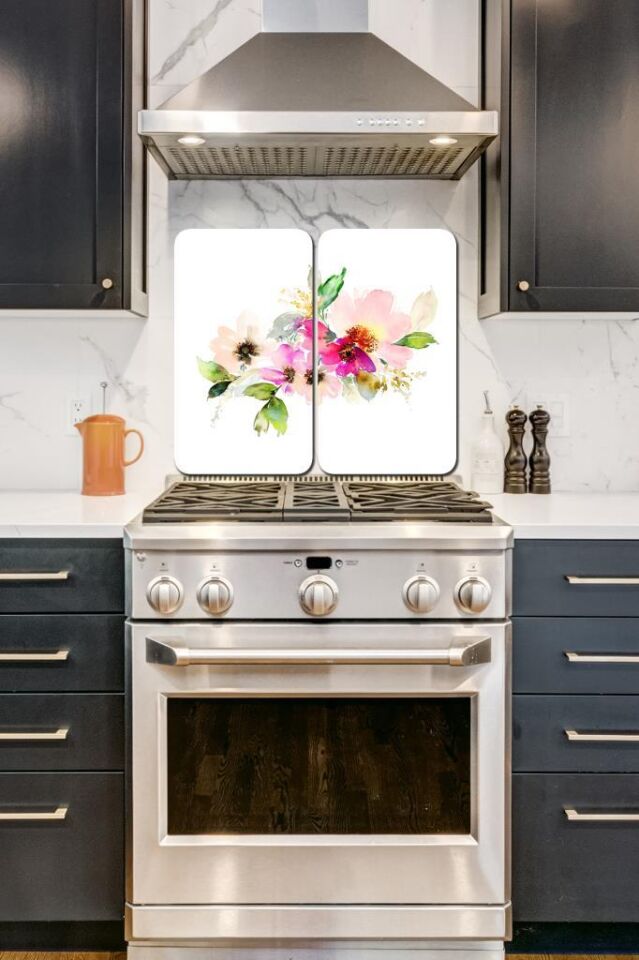 2'li 30x52cm Takım - Çiçekler Sulu Boya Desenli - Ocak Koruyucu - Cam Kesme Tahtası