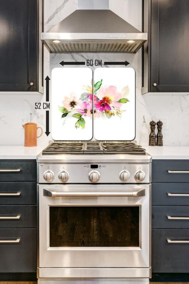 2'li 30x52cm Takım - Çiçekler Sulu Boya Desenli - Ocak Koruyucu - Cam Kesme Tahtası