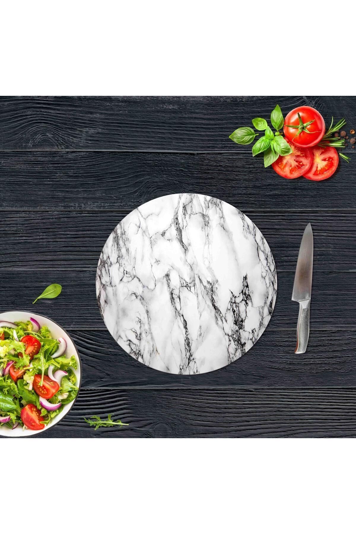 Çap 32 cm Beyaz Mermer Desenli Cam Kesme Tahtası