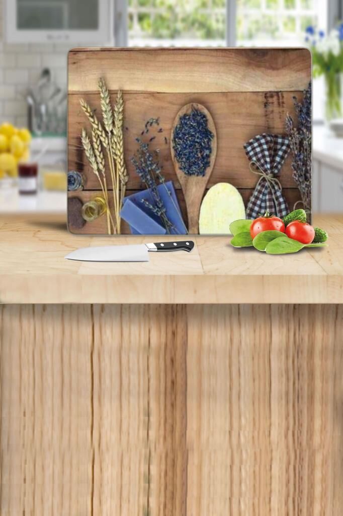 20x30 cm Cam Kesme Tahtası Tohum ve Tahta Kaşık