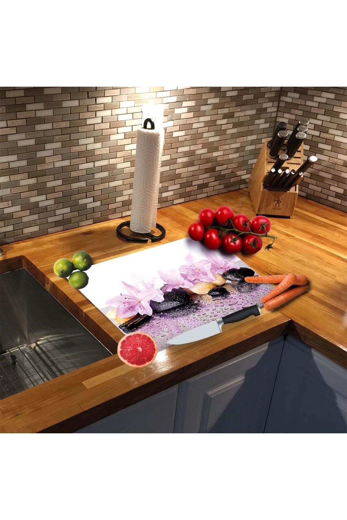 30x40 cm Cam Kesme Tahtası Menekşeler