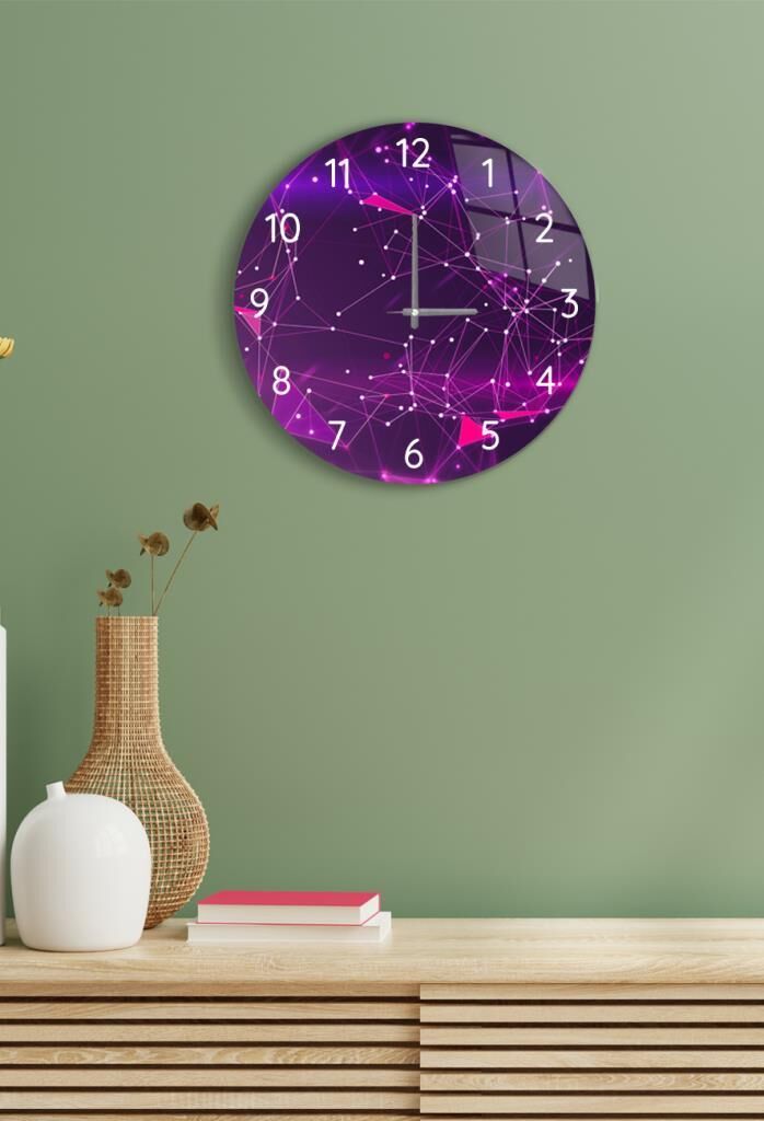 Çap 37cm - Dijital Mor - Dekoratif Cam Duvar Saati