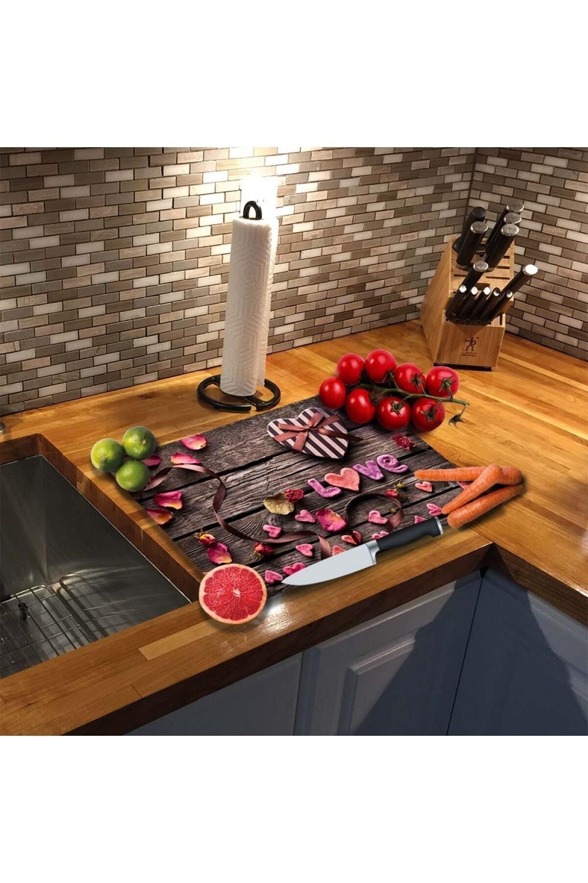 30x40 cm Cam Kesme Tahtası Love Yazılı