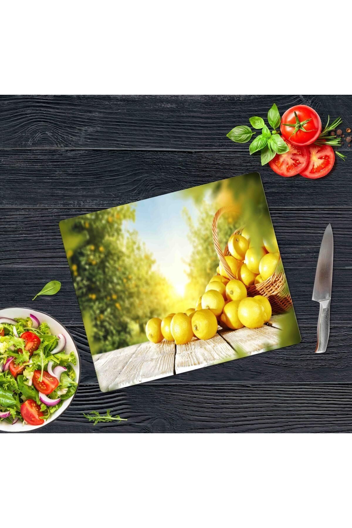 29x34 cm Cam Kesme Tahtası Limon Sepeti