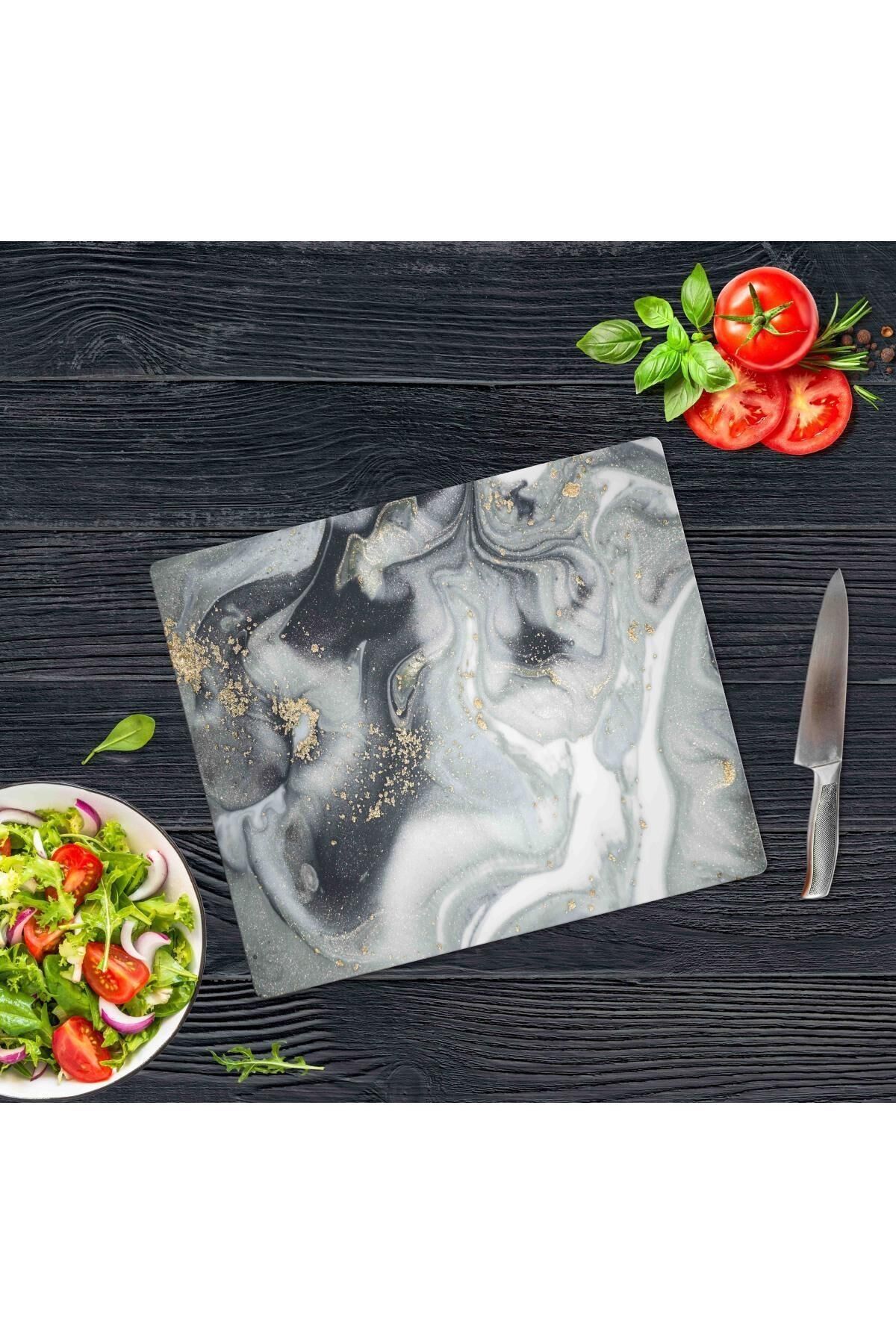 29x34 cm Cam Kesme Tahtası Gri Altın Mermer