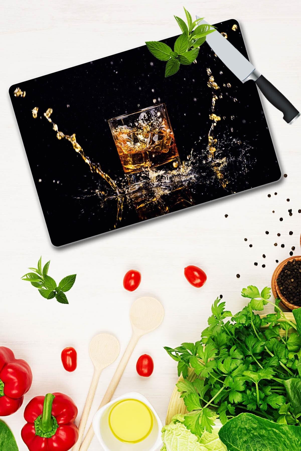 30x40 cm Cam Kesme Tahtası Altın Bardak