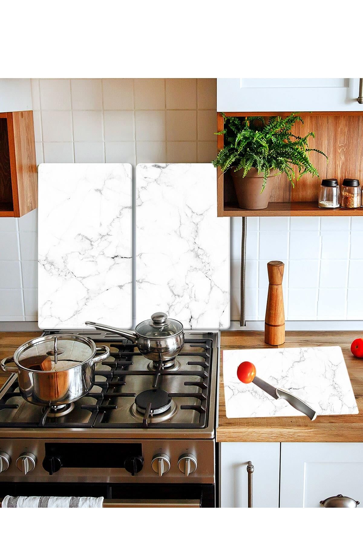 Takım Halinde Siyah Beyaz Mermer 20x30 Cm Kesme Tablası Ve 2'li 30x52 cm Cam Ocak Koruyucu 4'lü Ocaklar