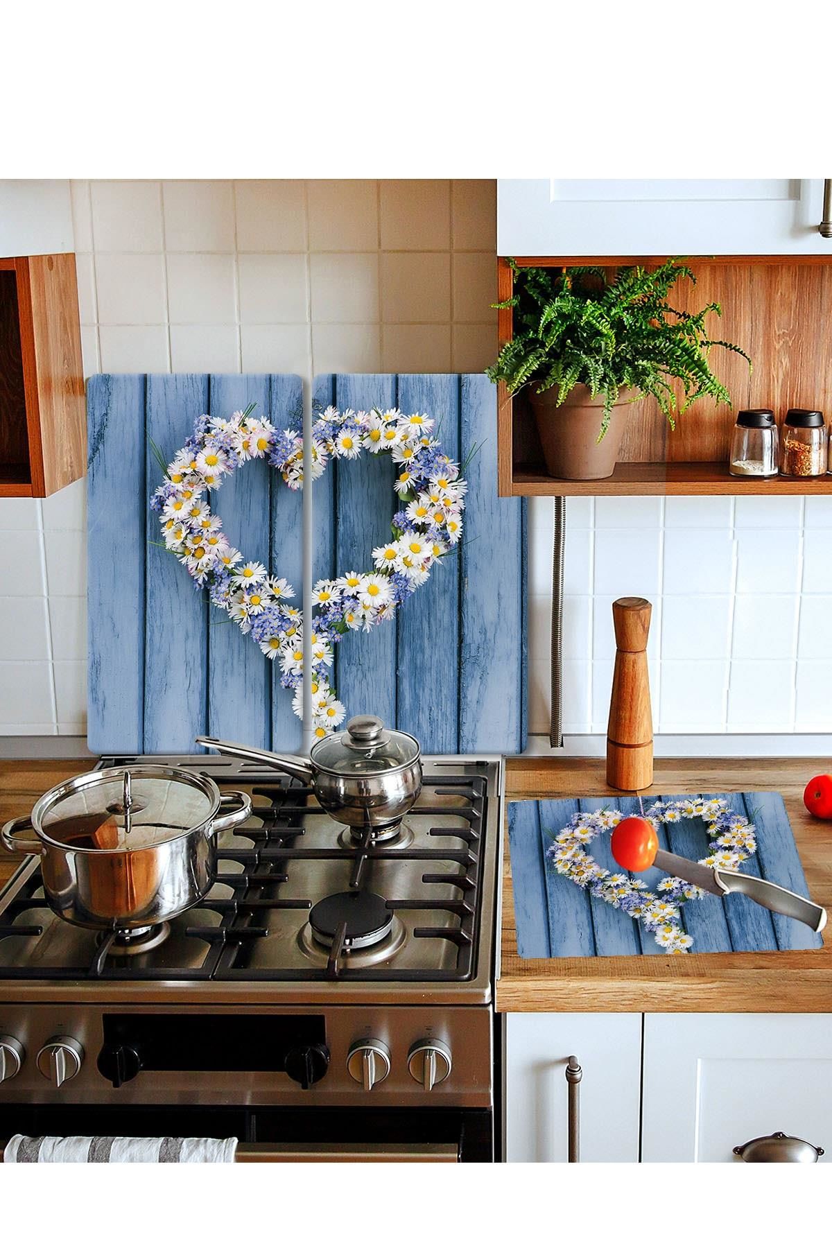 Takım Halinde Papatya Kalp 20x30 Cm Kesme Tablası Ve 2'li 30x52 cm Cam Ocak Koruyucu 4'lü Ocaklar