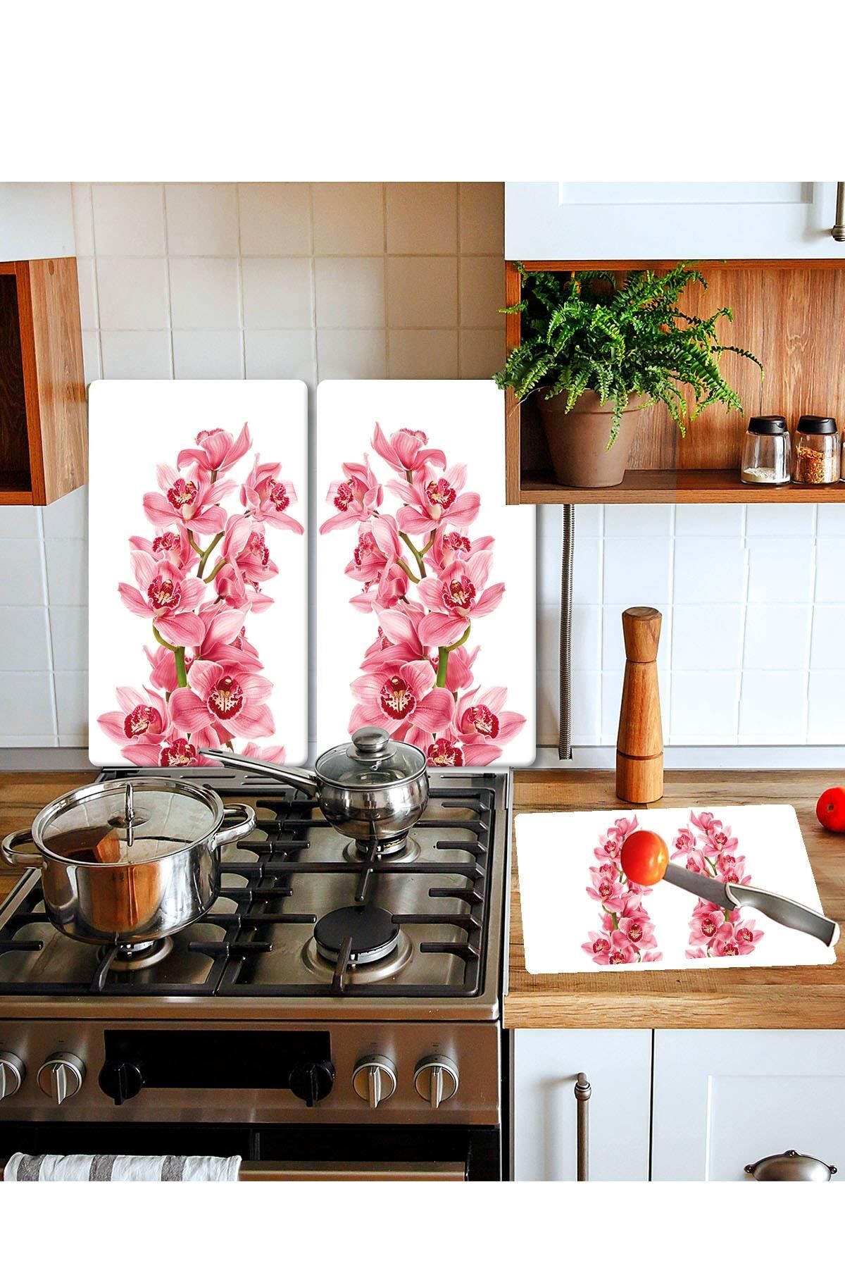 Takım Halinde Pembe Orkide 20x30 Cm Kesme Tablası Ve 2'li 30x52 cm Cam Ocak Koruyucu 4'lü Ocaklar