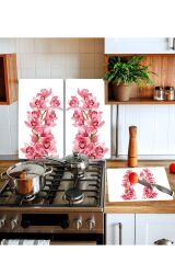 Takım Halinde Pembe Orkide 20x30 Cm Kesme Tablası Ve 2'li 30x52 cm Cam Ocak Koruyucu 4'lü Ocaklar