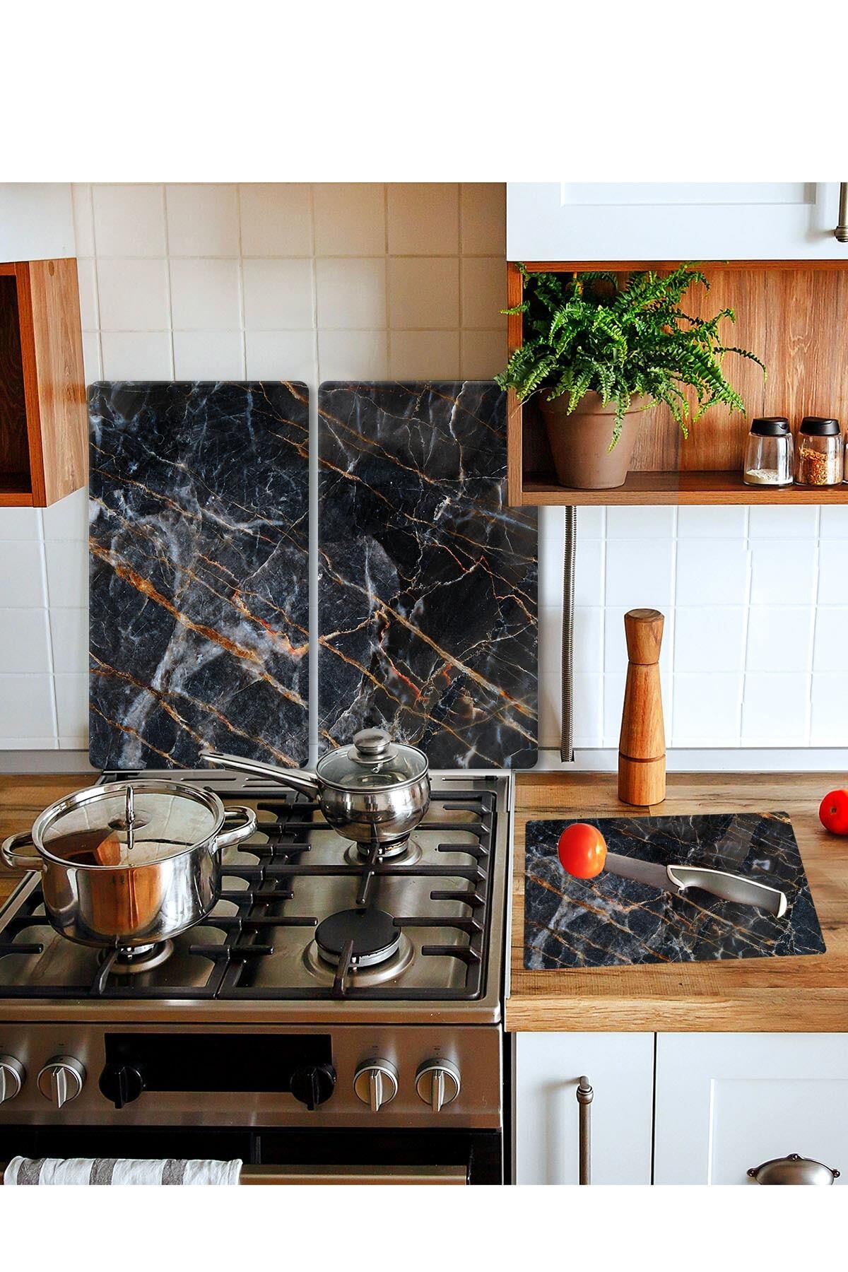 Takım Halinde Yaldızlı Mermer 20x30 Cm Kesme Tablası Ve 2'li 30x52 cm Cam Ocak Koruyucu 4'lü Ocaklar