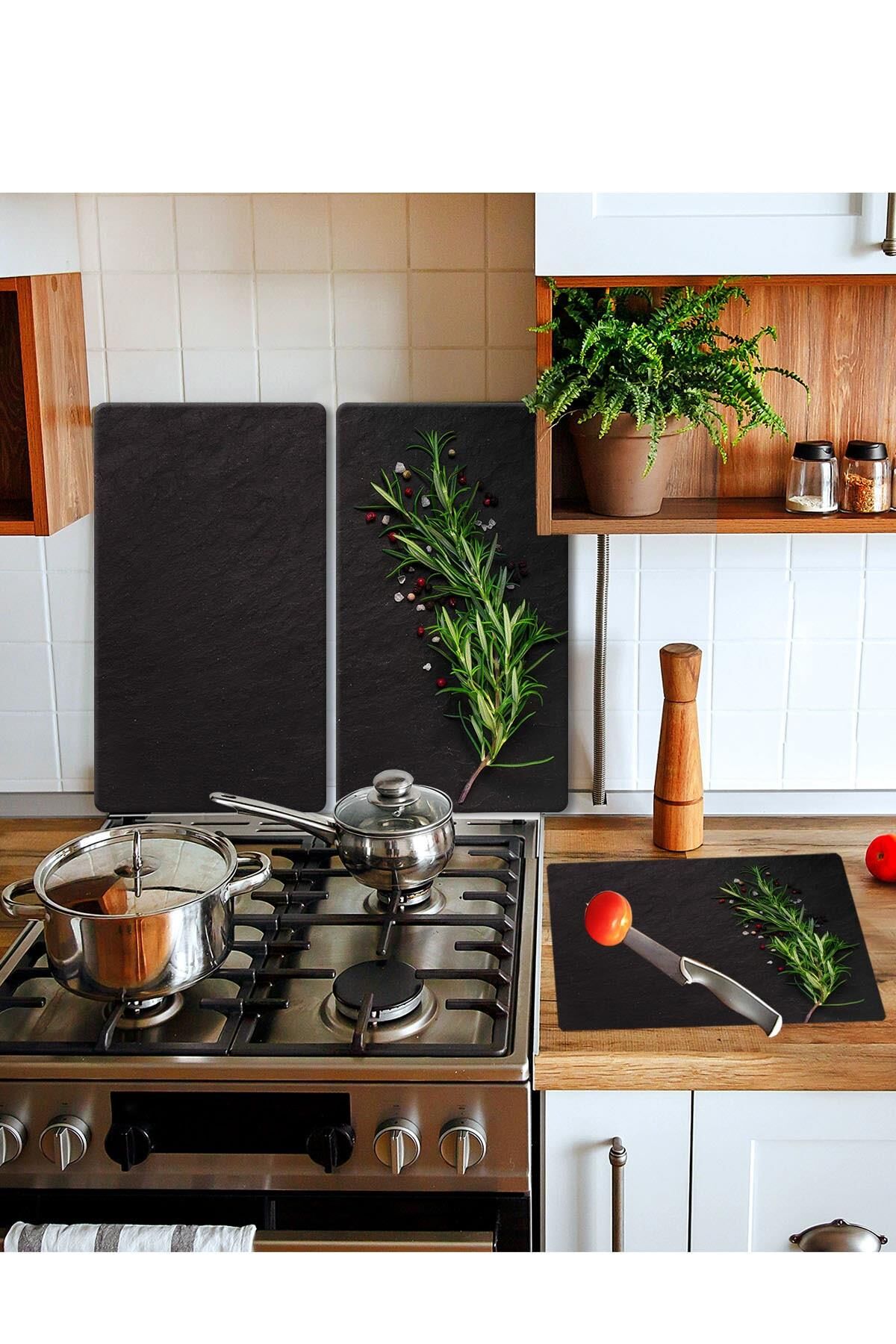Takım Halinde Kekik 20x30 Cm Kesme Tablası Ve 2'li 30x52 cm Cam Ocak Koruyucu 4'lü Ocaklar