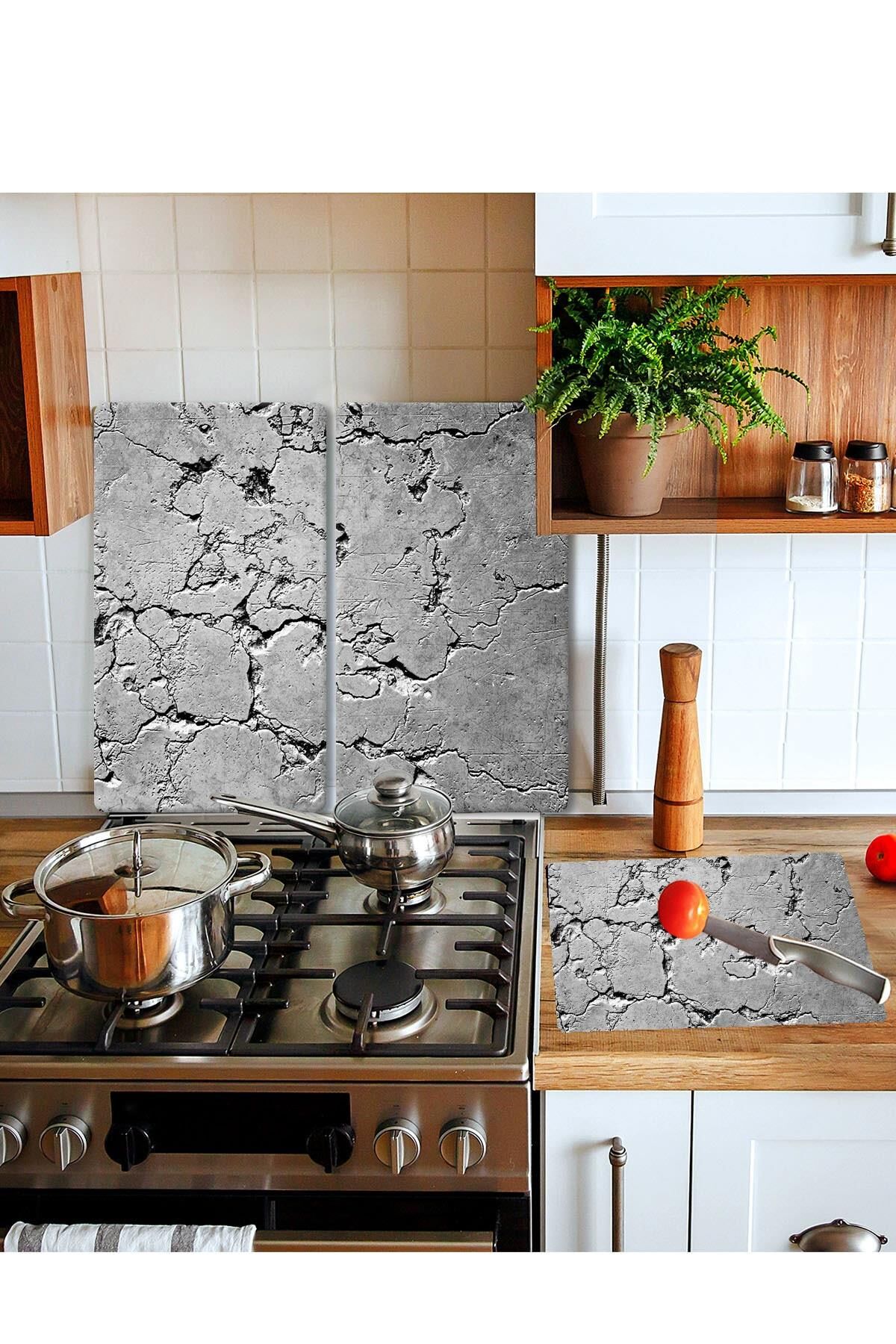 Takım Halinde Gri Taş Mermer 20x30 Cm Kesme Tablası Ve 2'li 30x52 cm Cam Ocak Koruyucu 4'lü Ocaklar