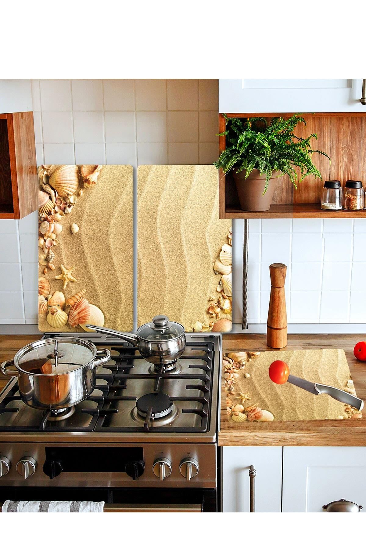 Takım Halinde Kumsal 20x30 Cm Kesme Tablası Ve 2'li 30x52 cm Cam Ocak Koruyucu 4'lü Ocaklar