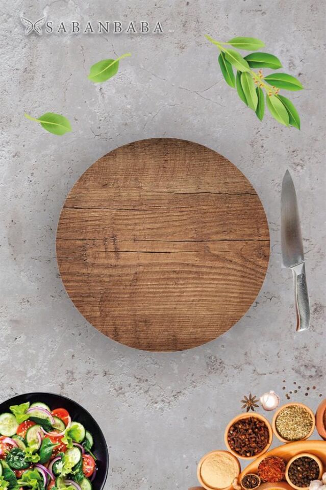 Çap 32cm - Koyu Ahşap Desenli - Cam Kesme Tahtası