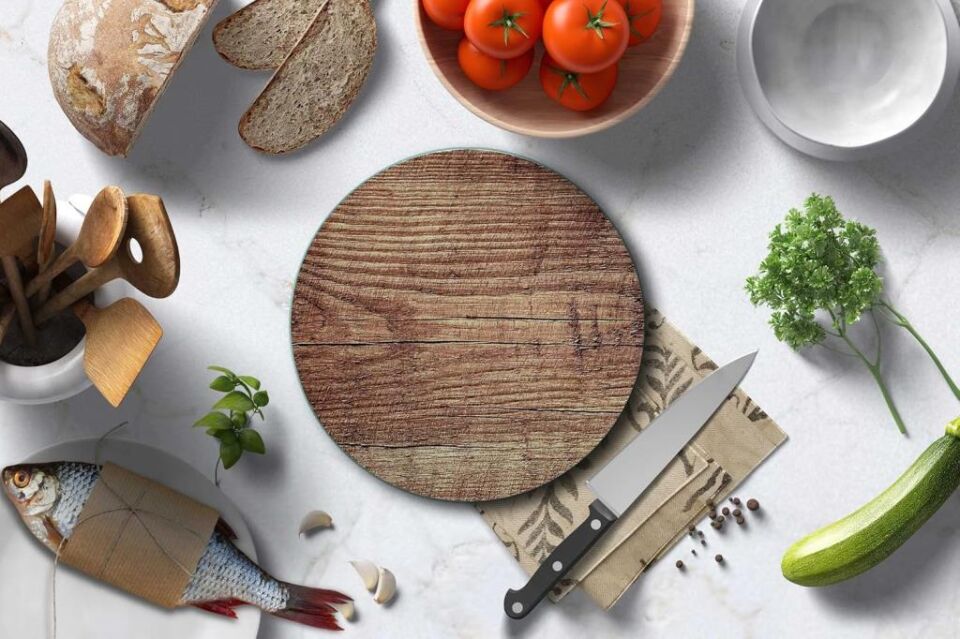 Çap 32cm - Koyu Ahşap Desenli - Cam Kesme Tahtası