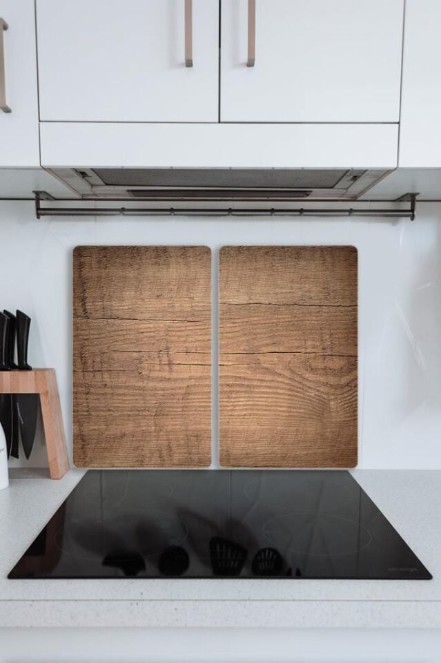 2'li 30x52cm Takım - Koyu Ahşap Desenli - Ocak Koruyucu - Cam Kesme Tahtası