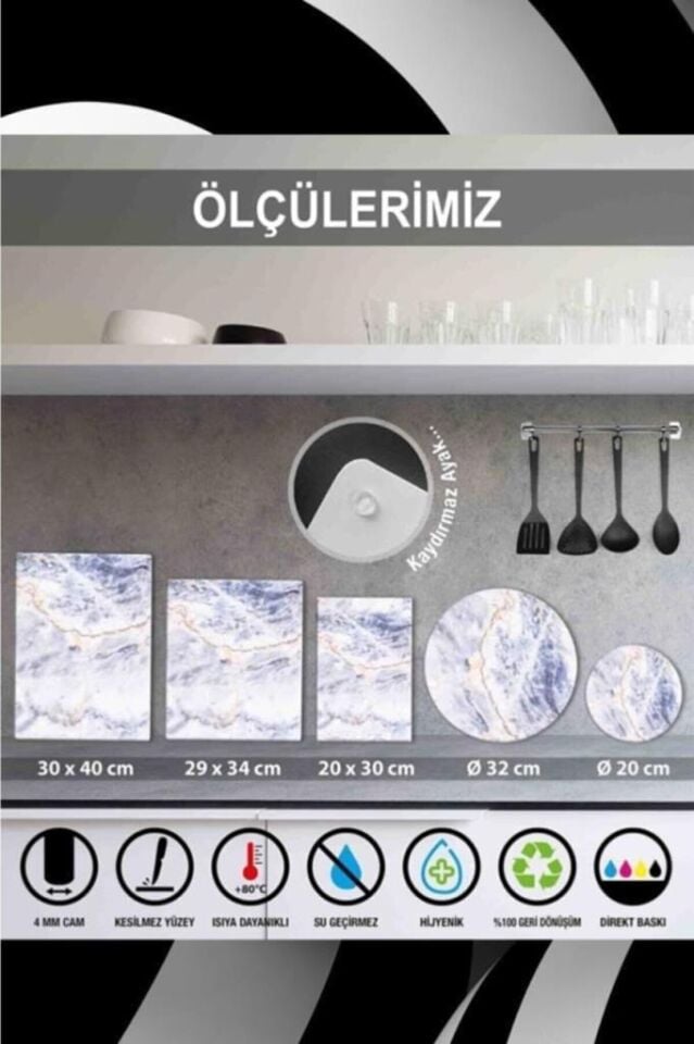 29x34cm - Ezgi Desenli - Cam Kesme Tahtası