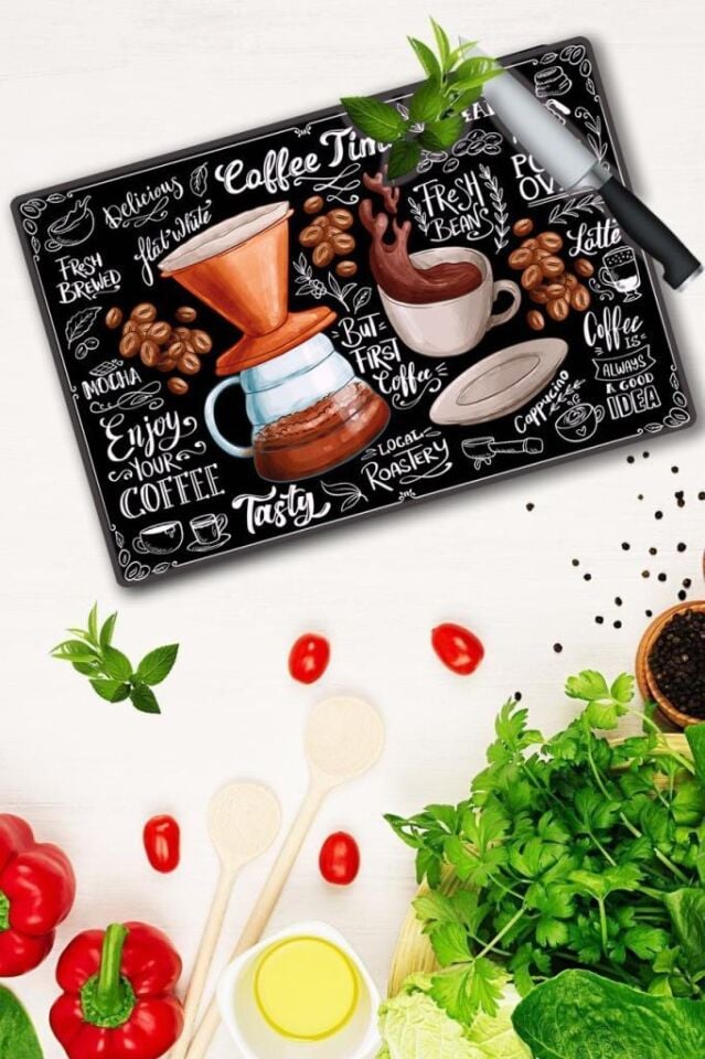 20x30cm - Coffee Time Desenli - Cam Kesme Tahtası