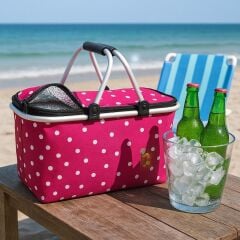 Kulplu katlanır Alüminyum Çerçeveli Termo Çanta Puantiyeli Pembe