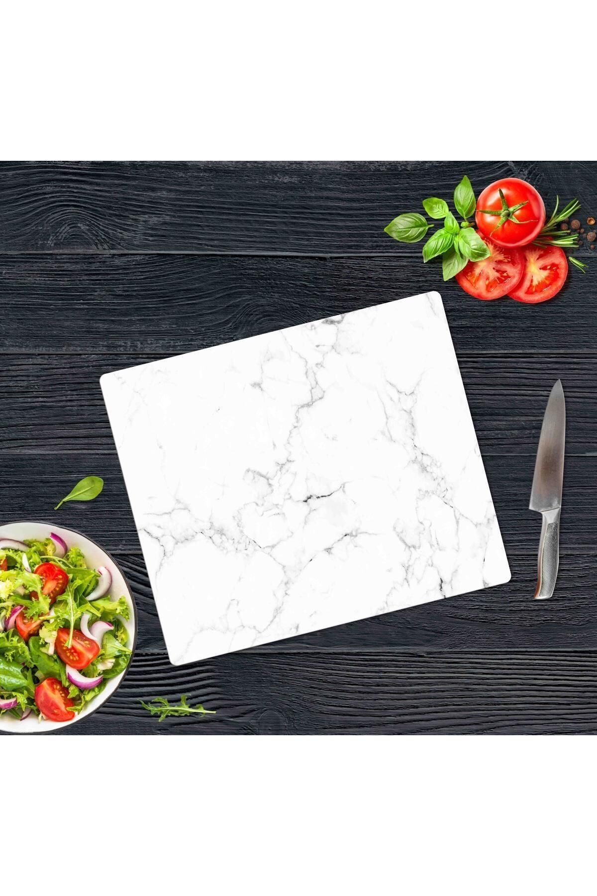 29x34 cm Cam Kesme Tahtası Siyah Beyaz Mermer