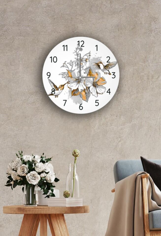 Çap 27cm - Altın Kuş - Dekoratif Cam Duvar Saati